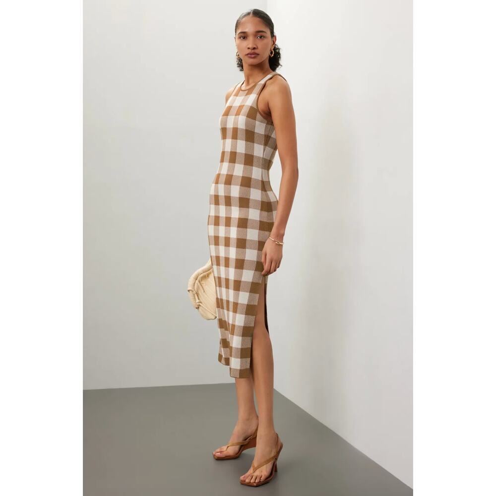 TOCCIN Emerson Midi Dress Sleeveless Gingham Check Knit Brown White Size XS